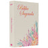 Bíblia Sagrada ACF, capa brochura bege com flores coloridas e título em degradê rosa/laranja. — Plenitude