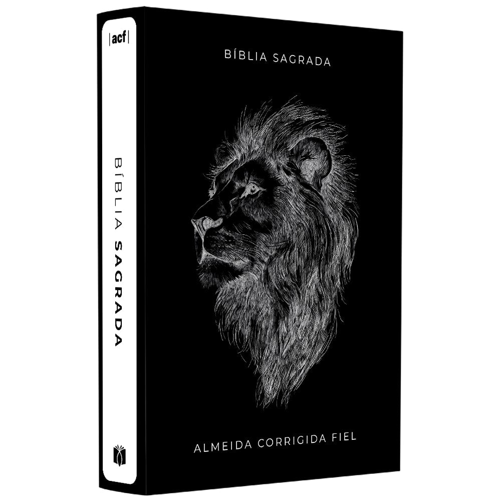 Bíblia Sagrada ACF, capa preta com leão em branco, texto "BÍBLIA SAGRADA" e "ALMEIDA CORRIGIDA FIEL". — Plenitude