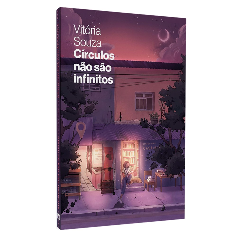 Livro "Círculos Não São Infinitos" de Vitória Souza, capa ilustrada com rua noturna e livraria. — Plenitude