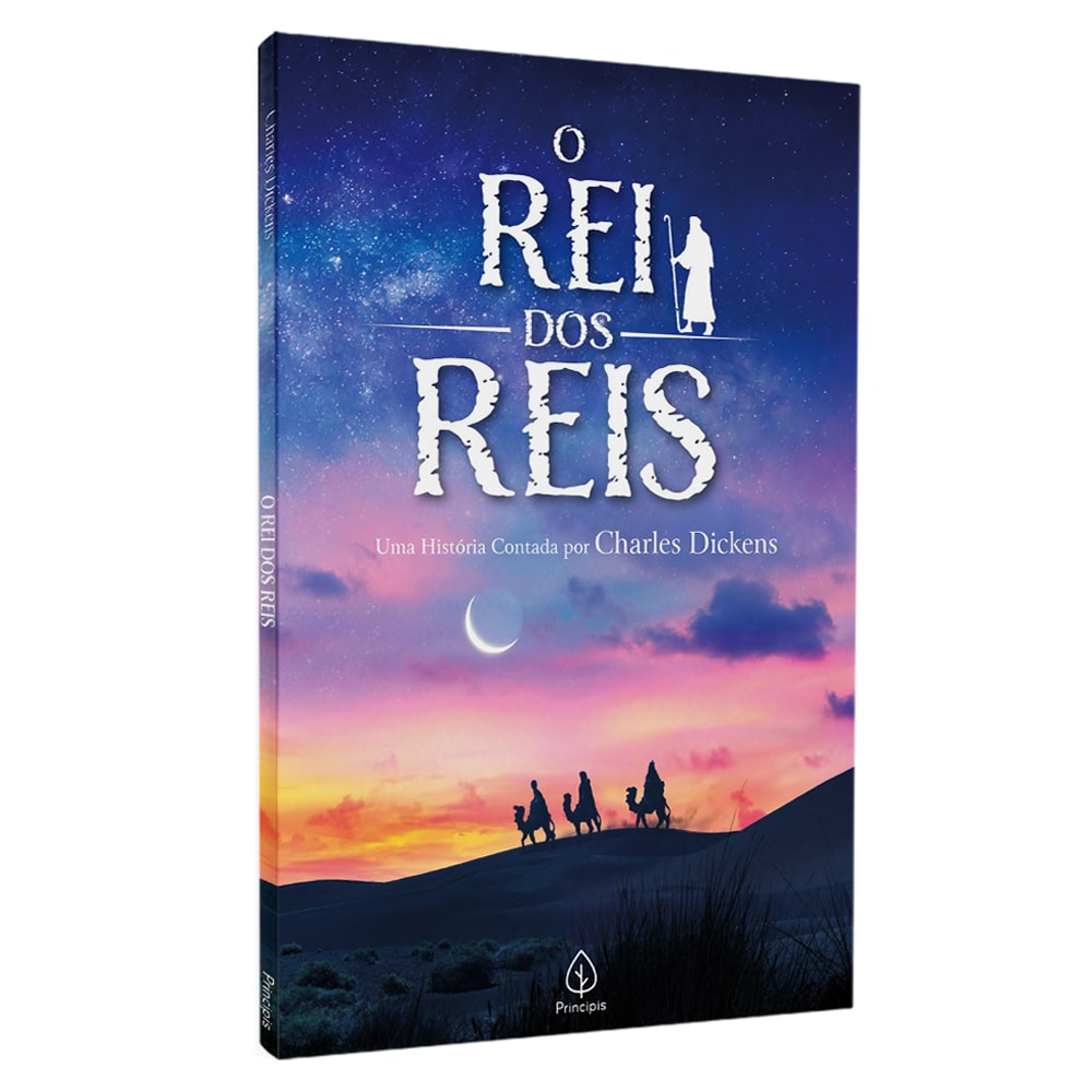 Livro "O Rei dos Reis" de Charles Dickens, capa azul e roxa com deserto, camelos e céu estrelado. — Plenitude