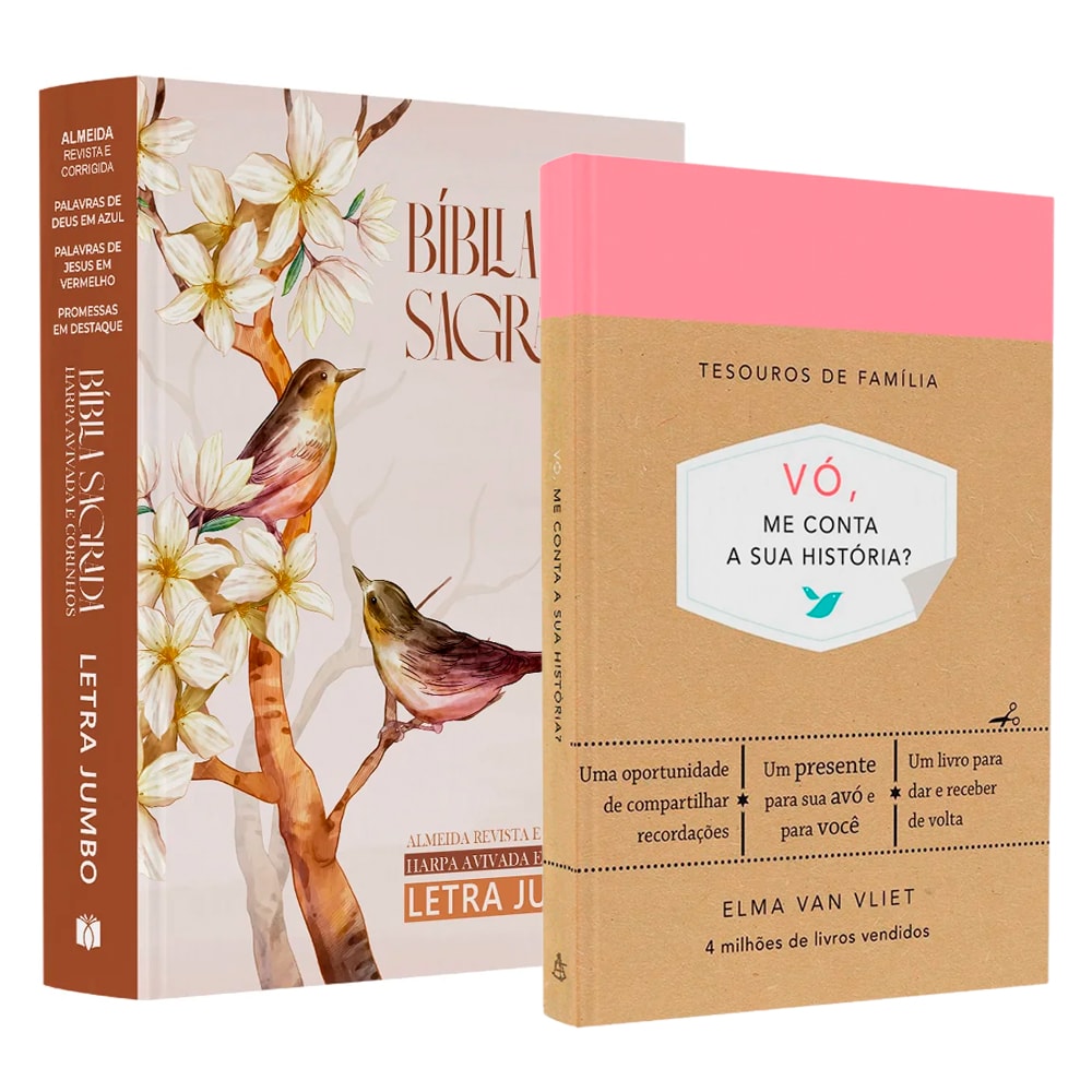 Kit Dia dos Avós: Bíblia Sagrada ARC Letra Jumbo com pássaros e "Vó, Me Conta Sua História?" rosa. — Plenitude
