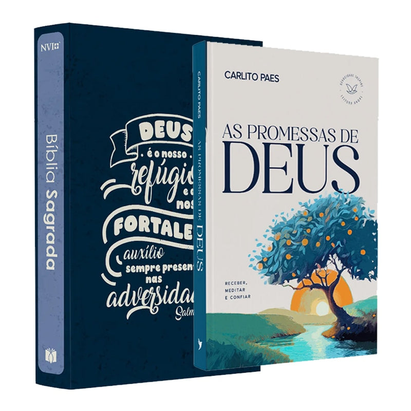 Kit Dia dos Pais - Bíblia Sagrada Lettering | NVI | Capa Brochura Azul + Devocional As Promessas de Deus | Carlito Paes