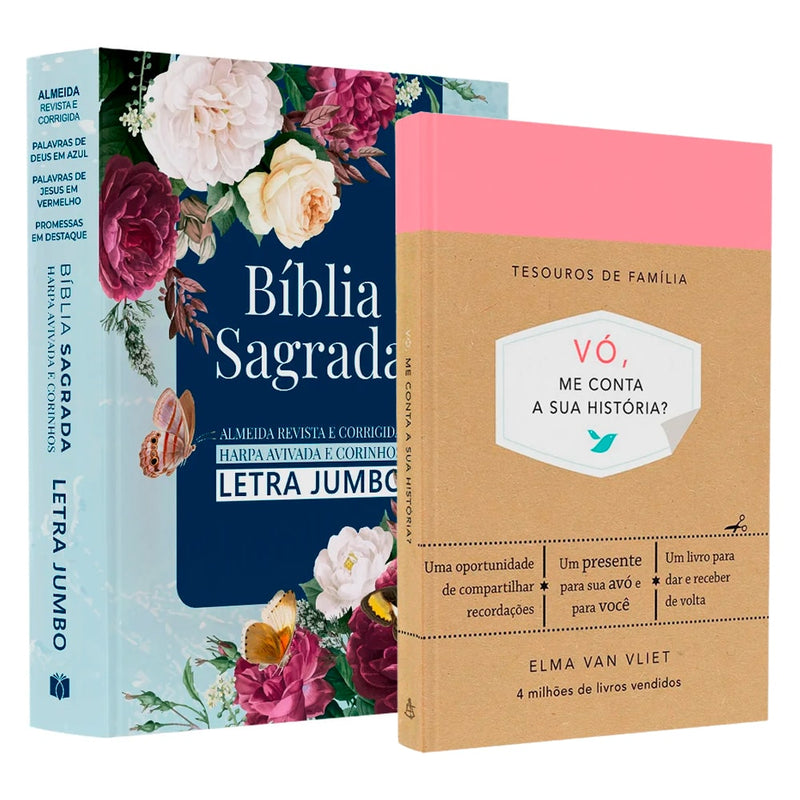 Kit Dia dos Avós: Bíblia Sagrada ARC Letra Jumbo floral azul e "Vó, Me Conta Sua História?" rosa. — Plenitude