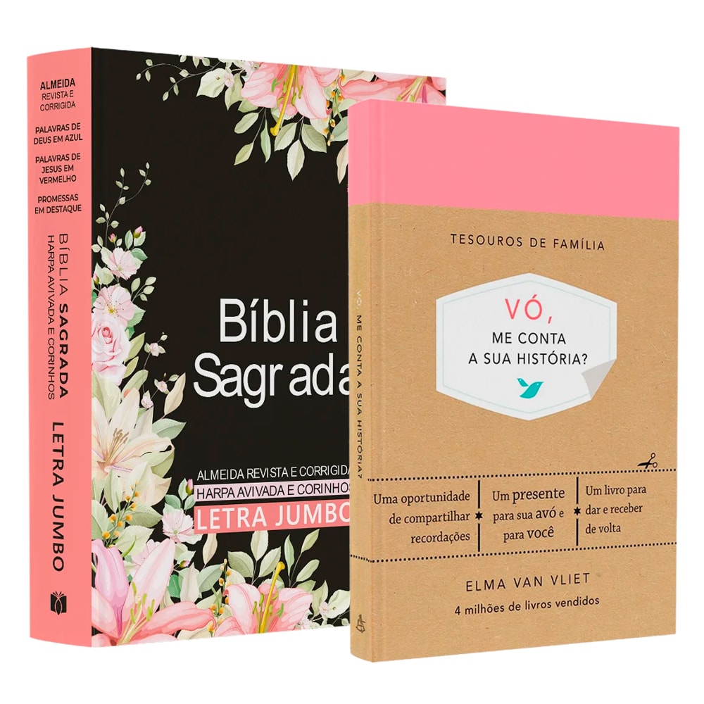Kit Dia dos Avós: Bíblia Sagrada ARC Letra Jumbo floral preta e "Vó, Me Conta Sua História?" rosa. — Plenitude