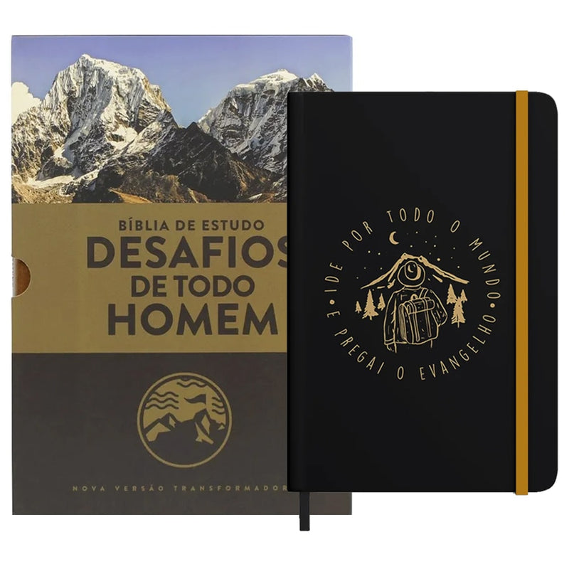 Kit Dia dos Pais - Bíblia Sagrada de Estudo Desafios de Todo Homem | Marrom + Caderno Moleskine | Ide Por Todo o Mundo