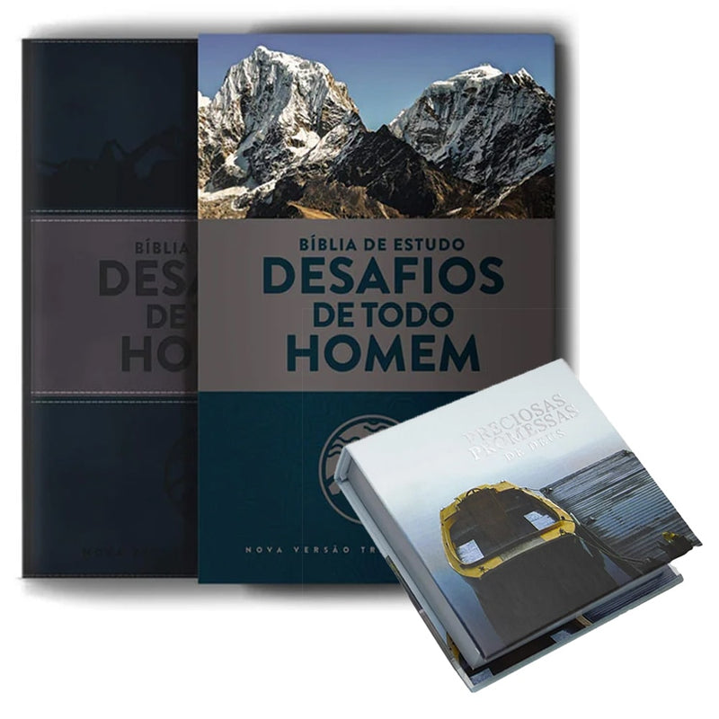 Kit Dia dos Pais - Bíblia Sagrada de Estudo Desafios de Todo Homem | NVT | Azul + Preciosas Promessas de Deus | Barcos