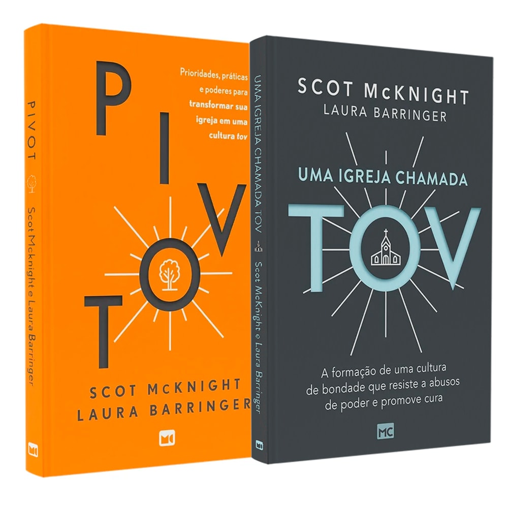 Kit Transformação da Igreja, 2 livros de Scot McKnight e Laura Barringer, capas em laranja e cinza com símbolos. — Plenitude