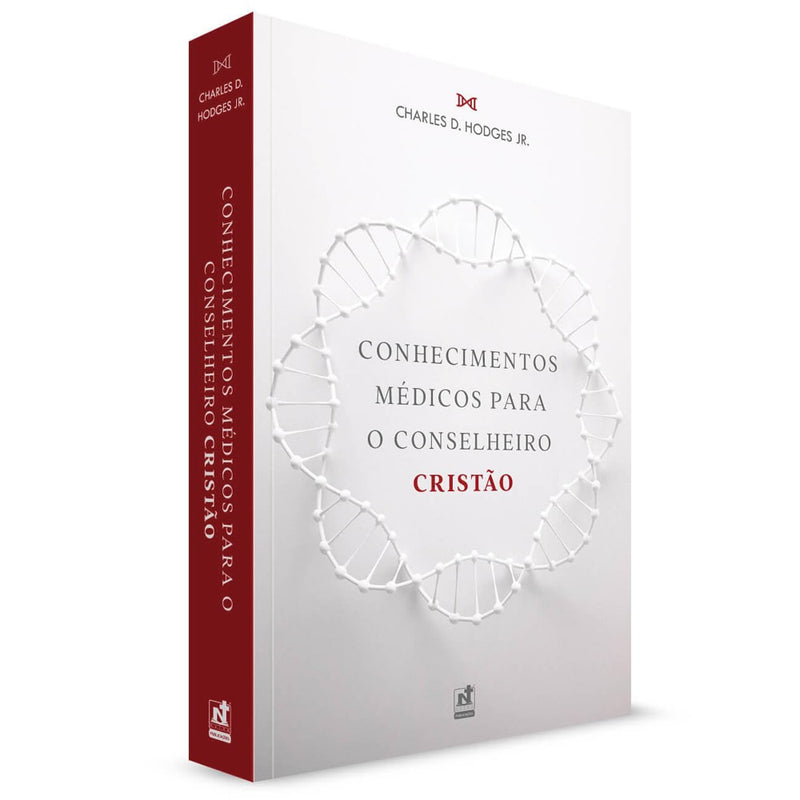 Livro Conhecimentos Médicos Para o Conselheiro Cristão, capa branca com estrutura de DNA e título em vermelho. — Plenitude