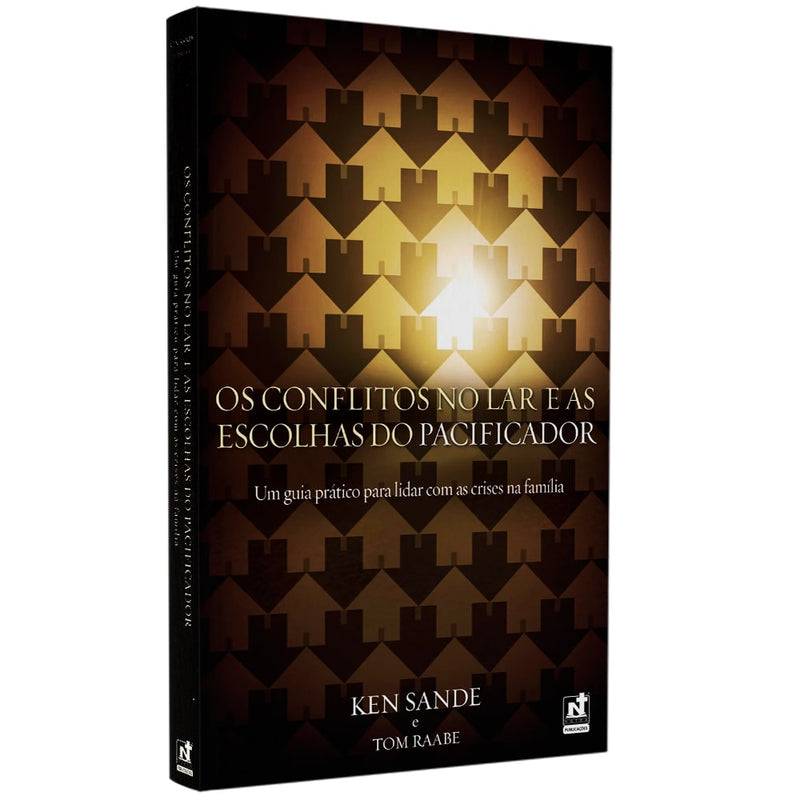 Livro Os Conflitos no Lar e as Escolhas do Pacificador, capa marrom com padrão de casas. — Plenitude