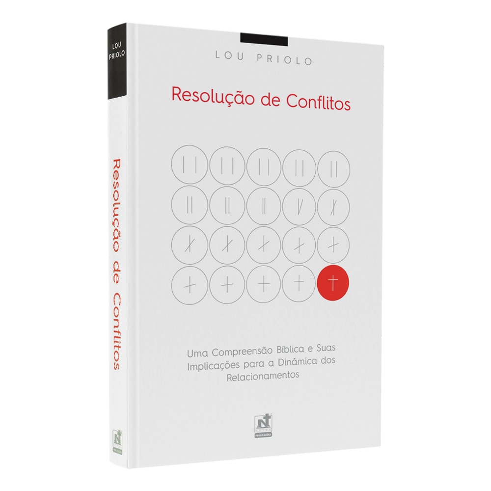 Livro Resolução de Conflitos, Lou Priolo, capa branca com diagrama de círculos e um sinal de mais vermelho. — Plenitude