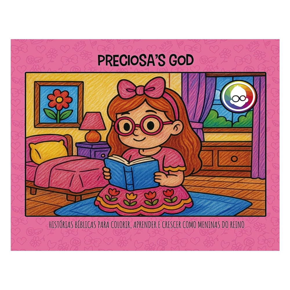 Livro de colorir Preciosa's God, capa rosa com desenho de menina lendo. — Plenitude