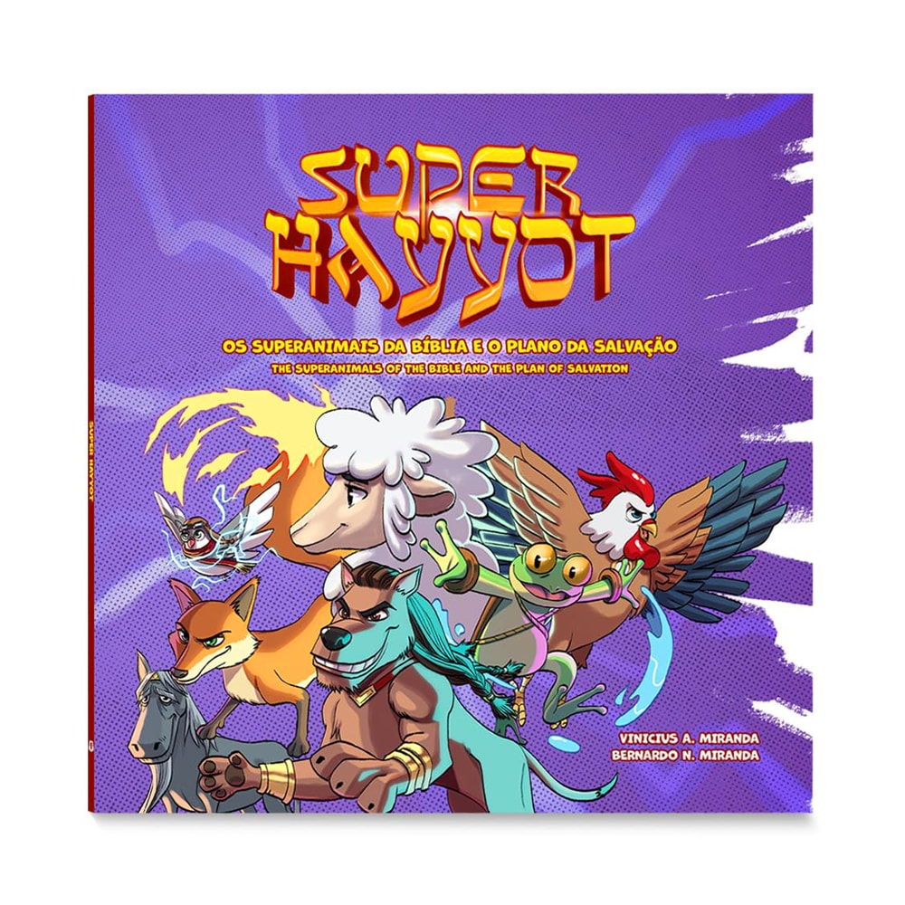 Livro Super Hayyot, edição bilíngue, capa roxa com animais de desenho animado. — Plenitude