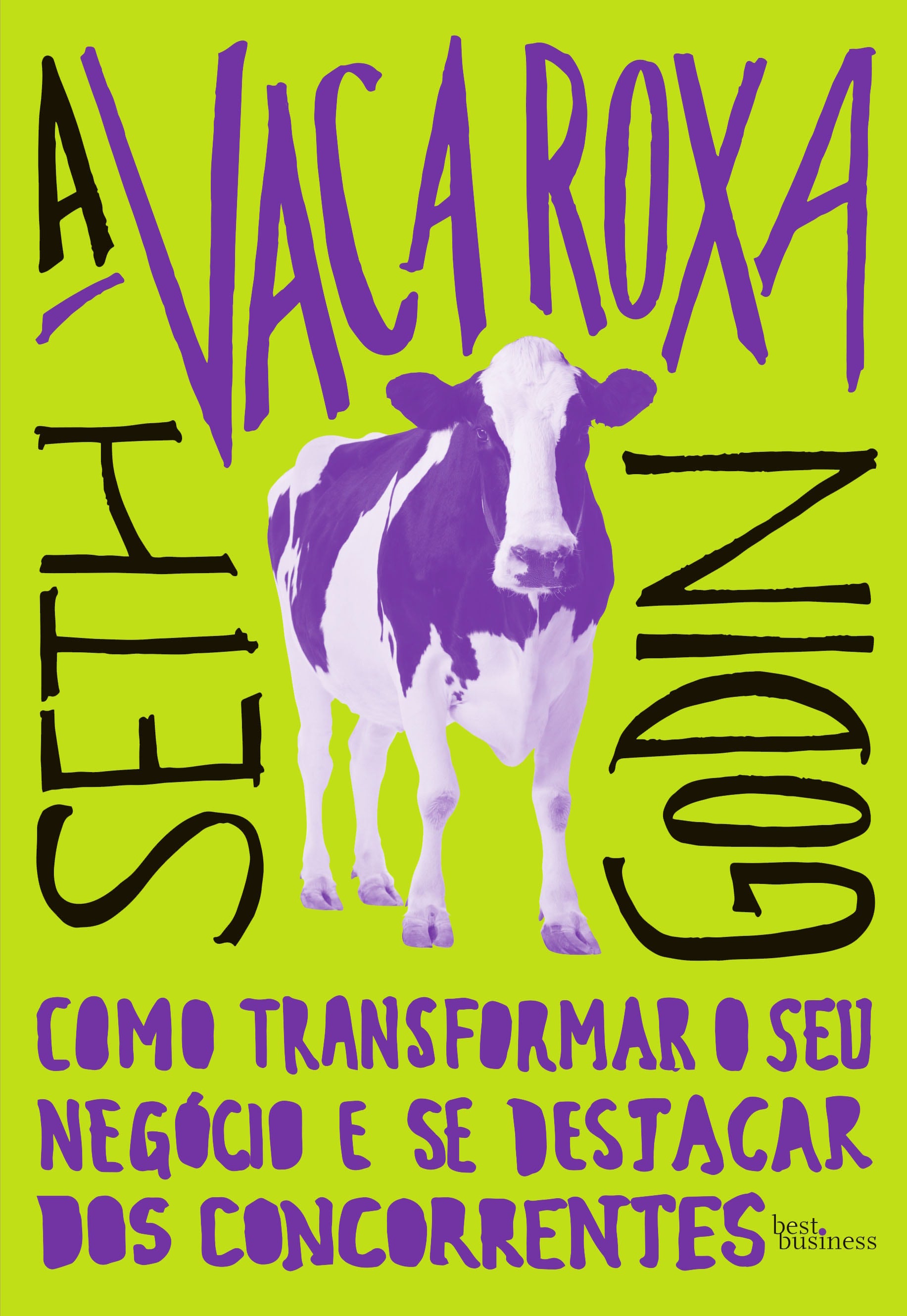Capa do livro A Vaca Roxa, com fundo verde-limão e letras roxas, e uma vaca malhada em roxo e branco no centro. — Plenitude