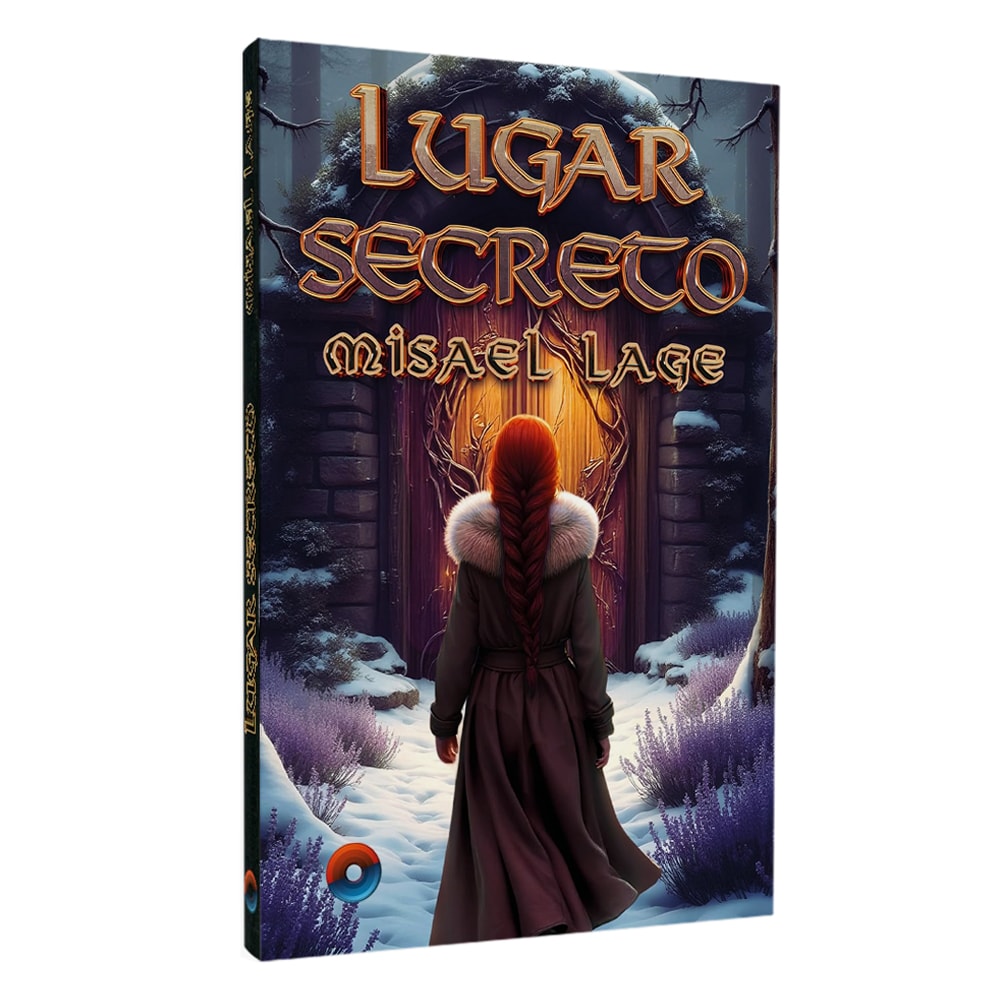 Livro Lugar Secreto de Misael Lage, capa com mulher ruiva de costas em paisagem nevada com portal. — Plenitude