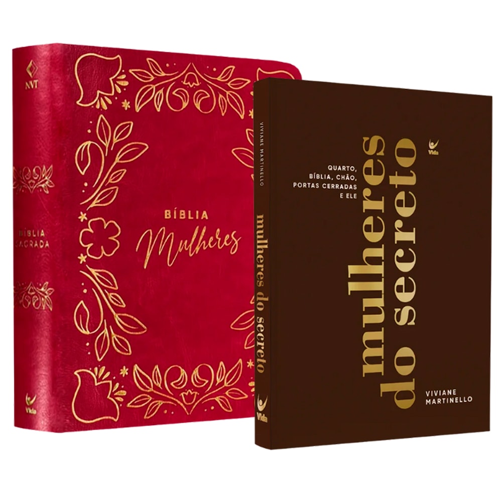 Kit com Bíblia Mulheres Frame e Floral Rosa NVT e livro "Mulheres do Secreto" de Viviane Martinello. — Plenitude