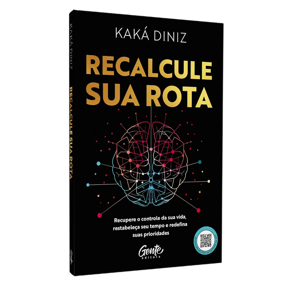 Livro: Recalcule Sua Rota, de Kaká Diniz. Capa preta com cérebro em neon. — Plenitude