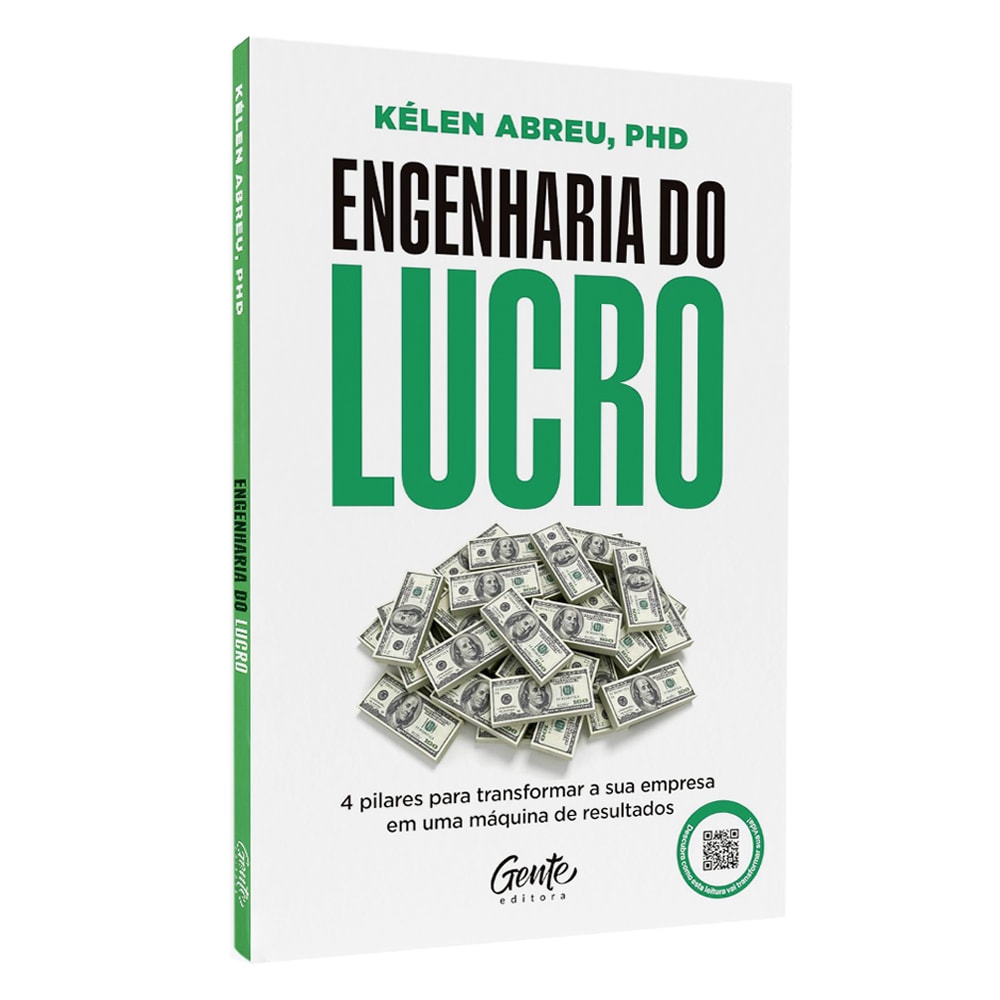 Livro de capa dura branca com título "Engenharia do Lucro" em verde e preto, com ilustração de notas de dólar. — Plenitude