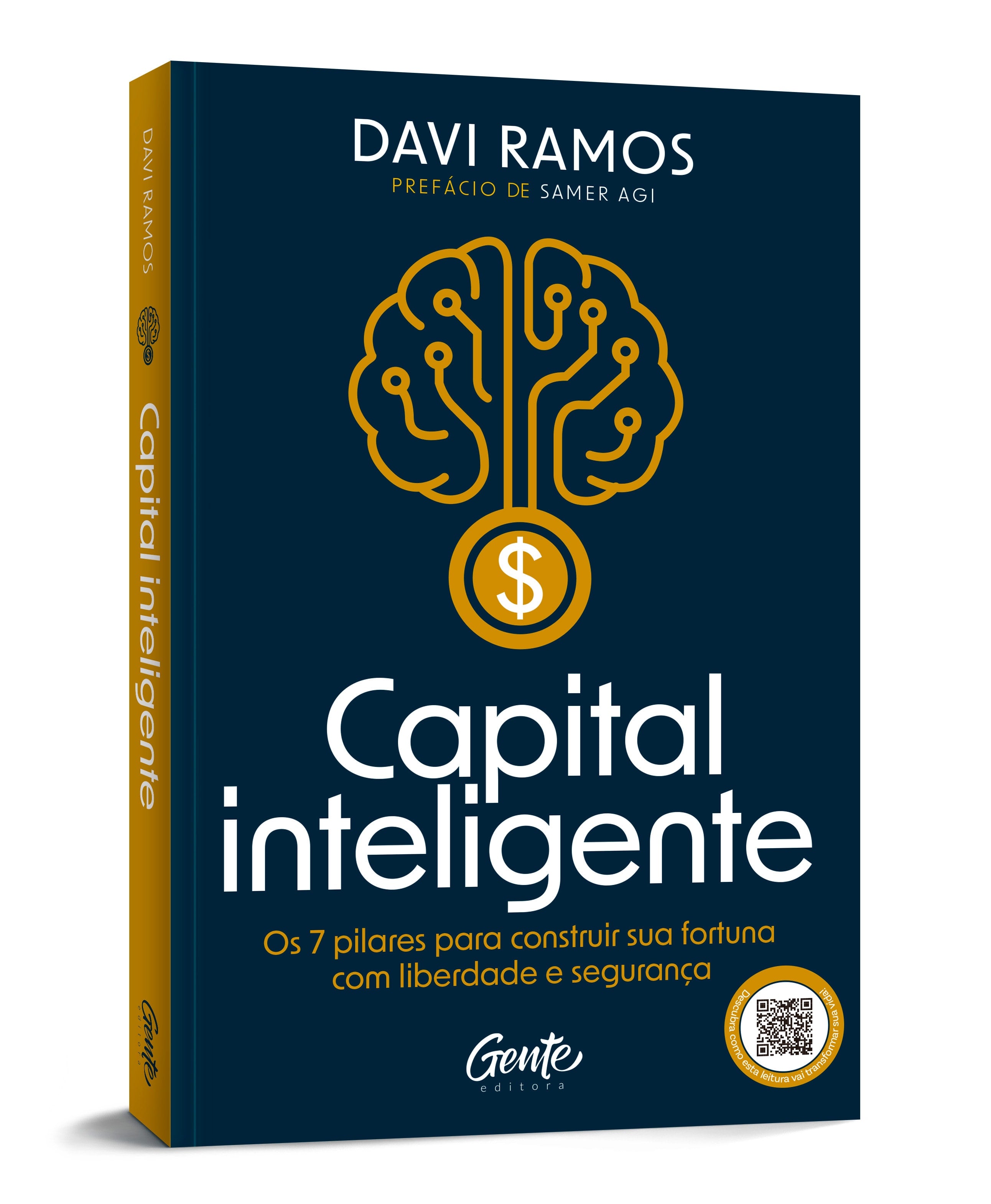 Livro de capa dura azul-marinho com título "Capital Inteligente" em branco e dourado, com ilustração de cérebro e cifrão. — Plenitude