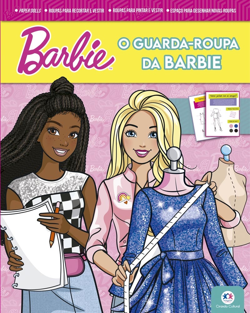 Livro de atividades Barbie - O Guarda-Roupa da Barbie, capa colorida com duas Barbies e um vestido azul. — Plenitude