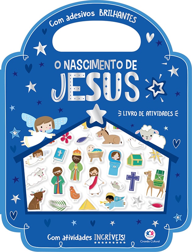 Livro de atividades "O Nascimento de Jesus", formato de presépio azul com adesivos e ilustrações. — Plenitude