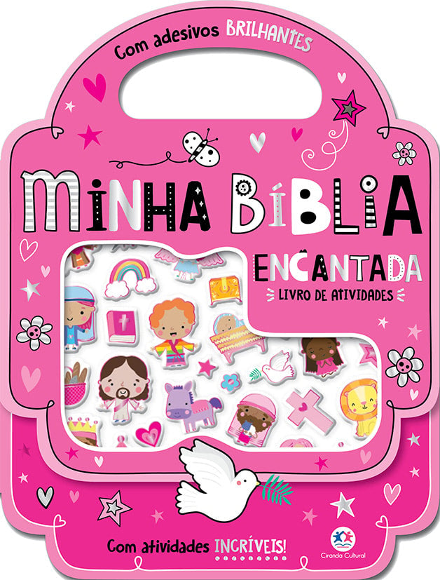 Livro de atividades Minha Bíblia Encantada, Ciranda Cultural, capa rosa com adesivos brilhantes. — Plenitude