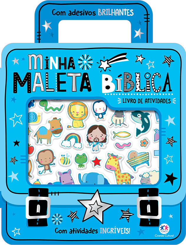 Livro de atividades Minha Maleta Bíblica, azul com alça, adesivos brilhantes e ilustrações de personagens bíblicos. — Plenitude