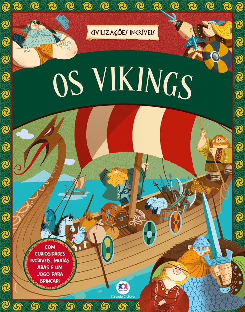 Livro infantil "Civilizações Incríveis - Os Vikings", capa verde com navio viking e guerreiros. — Plenitude