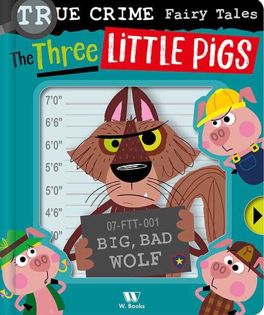 Livro infantil "True Crime Fairy Tales: Three Little Pigs", capa azul com lobo mau e três porquinhos. — Plenitude