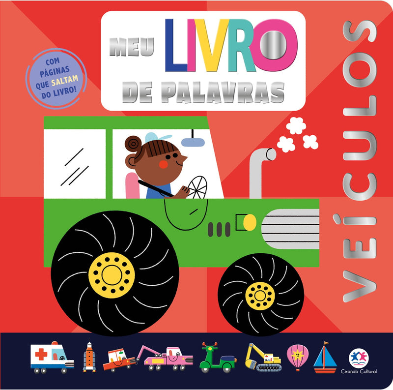 Livro infantil Meu Livro de Palavras - Veículos, capa vermelha com trator verde e menina dirigindo — Plenitude