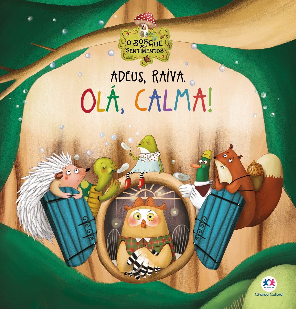 Livro infantil "Adeus, Raiva. Olá, Calma!" com animais da floresta em uma árvore. — Plenitude