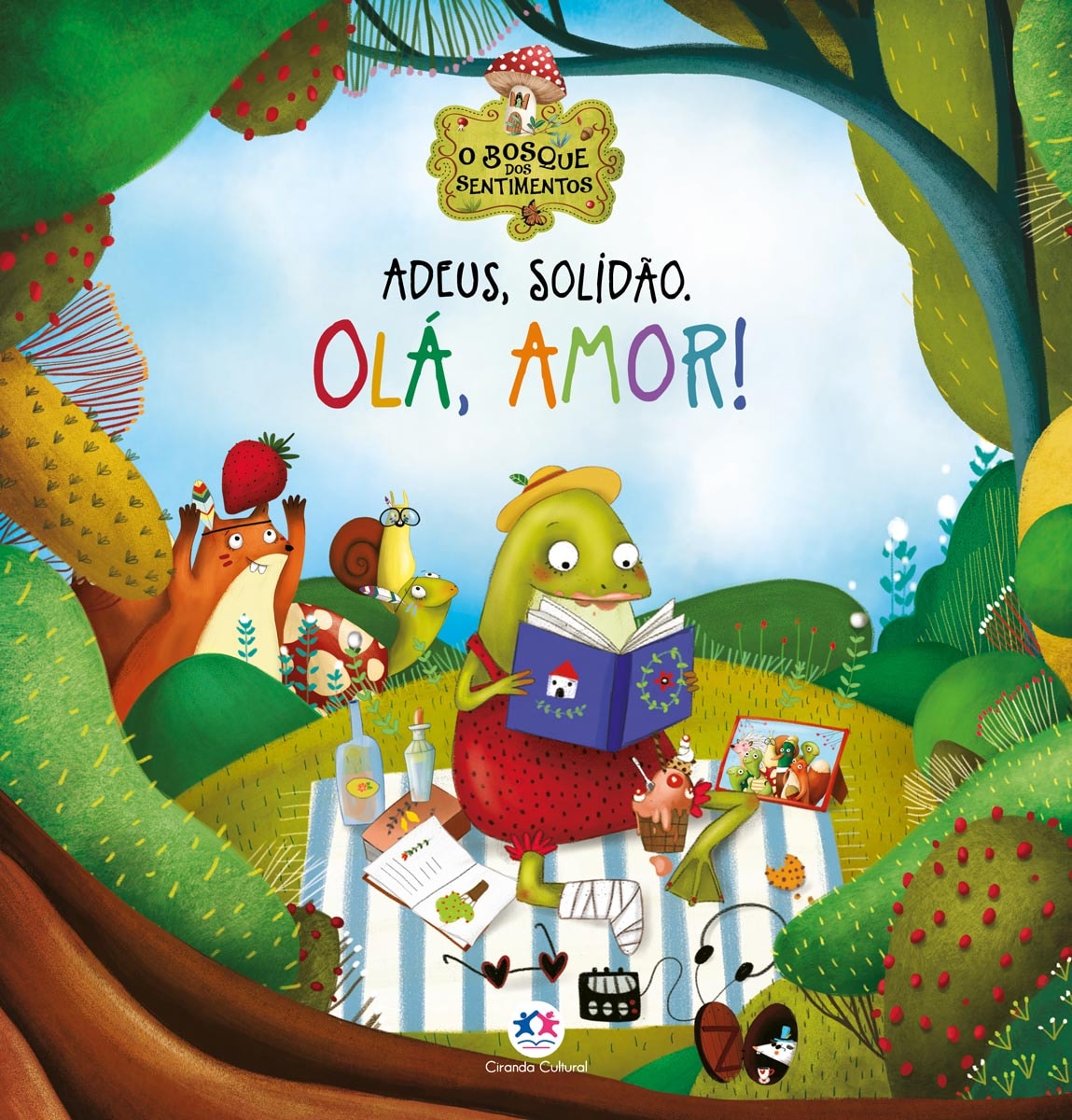 Livro infantil "Adeus, Solidão. Olá, Amor!" da Ciranda Cultural, capa com sapo lendo em floresta. — Plenitude