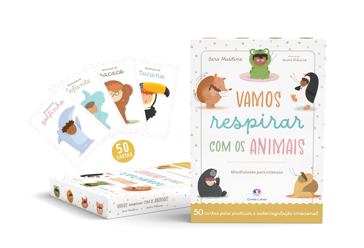 Jogo de cartas Vamos respirar com os animais, caixa e cartas com ilustrações de animais e crianças. — Plenitude
