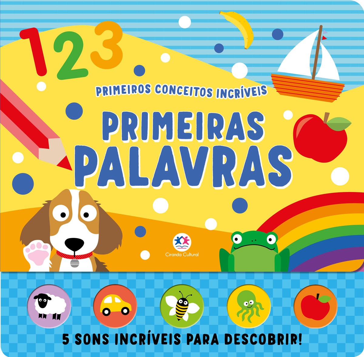 Livro infantil Primeiras Palavras, capa azul com números, lápis, barco, maçã, cachorro, sapo e ícones de som — Plenitude