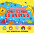 Livro infantil "Conhecendo os Animais" com capa amarela e azul, com leão e girafa. — Plenitude