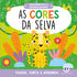 Livro infantil As cores da selva, capa verde com ilustrações de onça, folhas e flores. — Plenitude