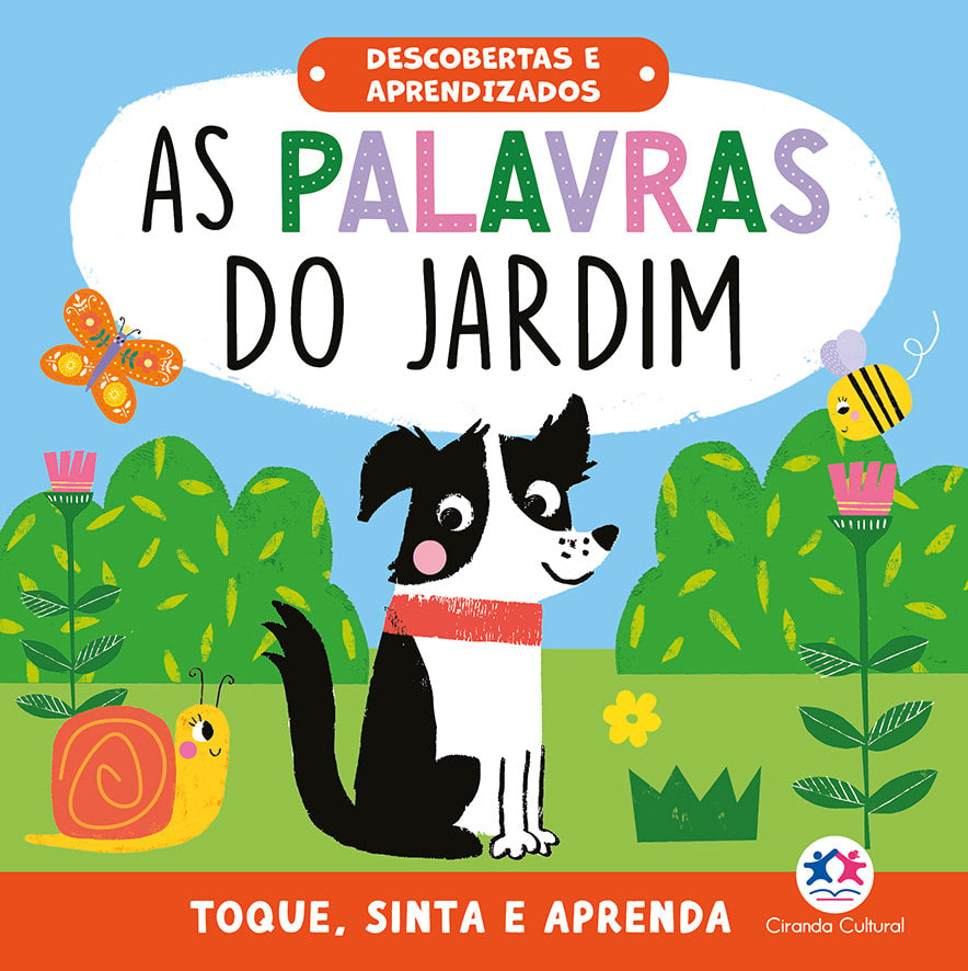 Livro infantil "As palavras do jardim", capa azul com cachorro, borboleta, caracol e abelha. — Plenitude