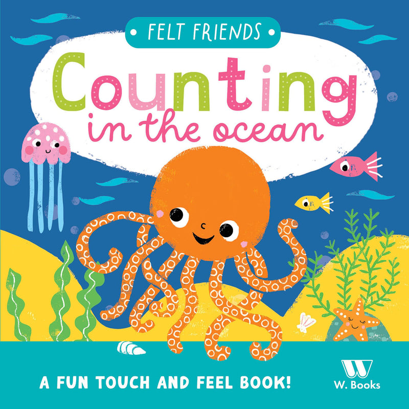 Livro infantil Counting in the ocean. Capa azul com ilustração de polvo laranja e outros animais marinhos. — Plenitude