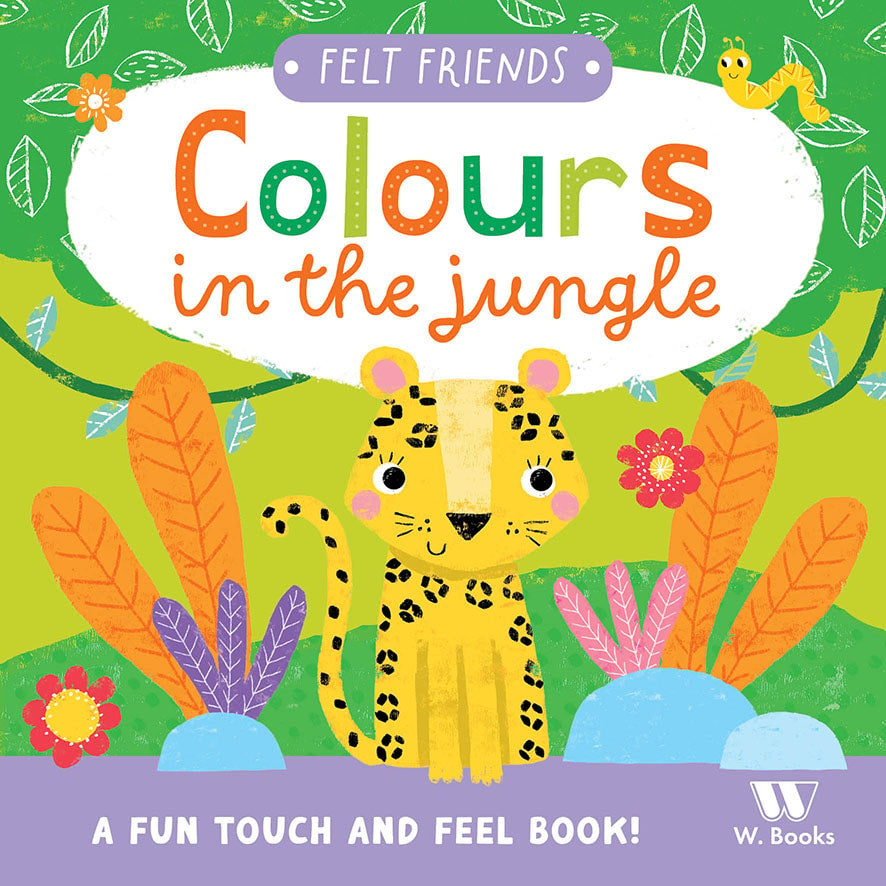 Livro infantil "Colours in the jungle" com capa verde e ilustrações de um leopardo e folhagens. — Plenitude