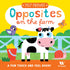 Livro sensorial "Felt Friends Opposites on the farm", capa amarela com vaca, pássaro e borboleta. — Plenitude