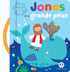 Livro infantil Jonas e o Grande Peixe, capa azul com alça, ilustrações de Jonas e baleia. — Plenitude