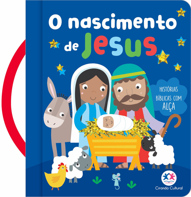 Livro infantil O Nascimento de Jesus, Ciranda Cultural, capa azul com cena de presépio e alça. — Plenitude