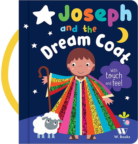 Livro infantil Joseph and The Dream Coat, capa azul escura com alça, ilustrações de José e ovelha. — Plenitude