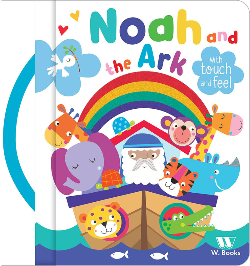 Livro infantil Noah and the Ark, capa branca com alça, ilustrações de Noé e animais na arca. — Plenitude