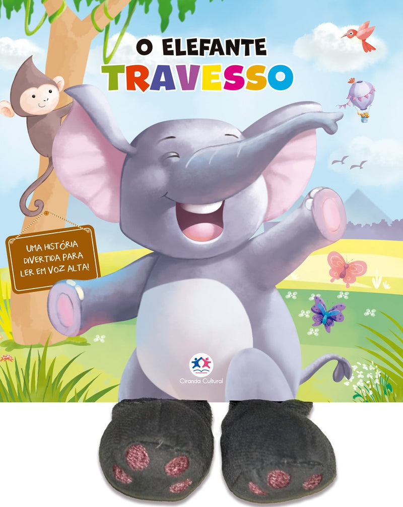 Livro infantil "O Elefante Travesso" da Ciranda Cultural, capa com elefante sorridente e patinhas de pelúcia. — Plenitude