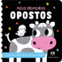 Livro infantil Meus Primeiros Opostos, capa preta com vaca cinza e pássaro branco, texto em alto contraste. — Plenitude