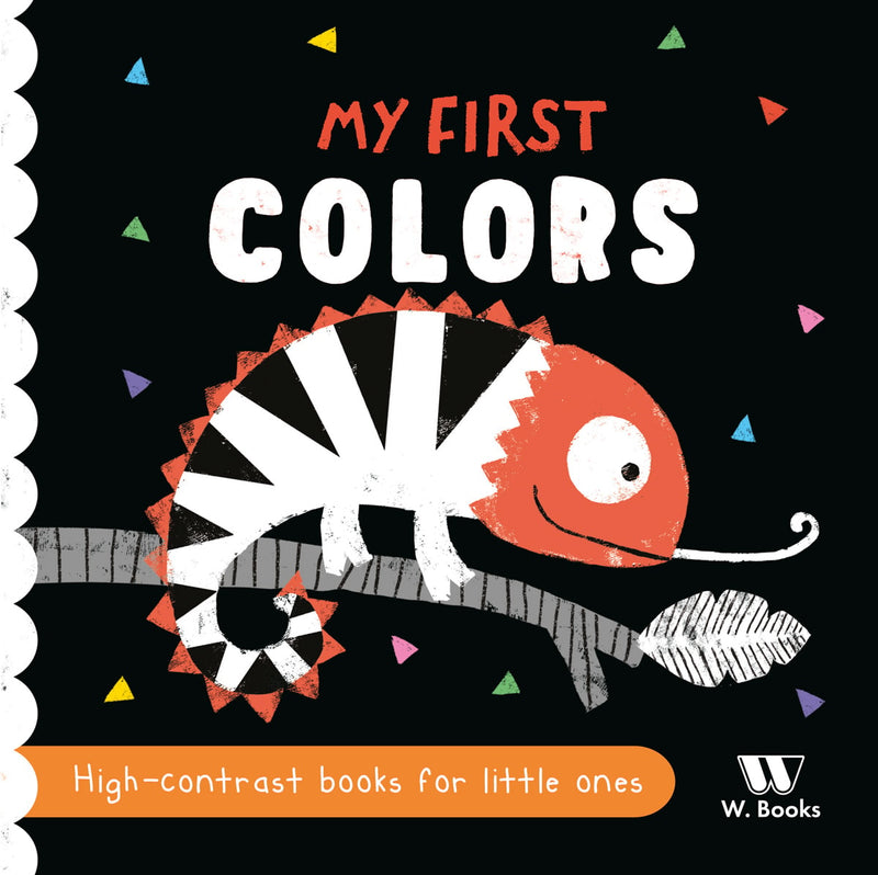 Livro de alto contraste "My First Colors" da W. Books, capa preta com camaleão laranja e preto. — Plenitude