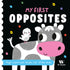 Livro infantil My First Opposites, capa preta com vaca cinza e pássaro branco, texto em alto contraste. — Plenitude