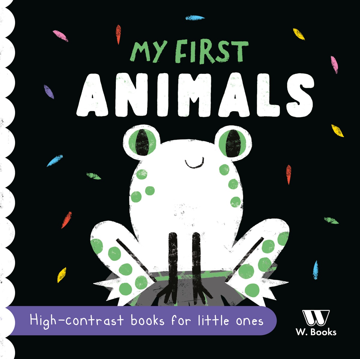 Livro My First Animals North Parade Publishing, capa preta com ilustração de um sapo branco. — Plenitude