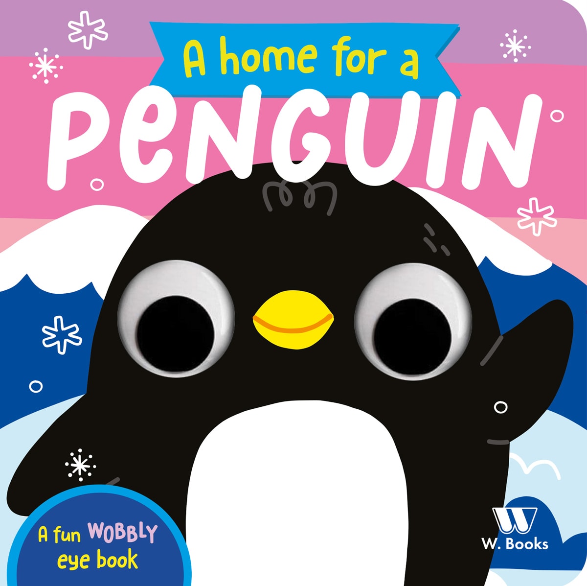 Livro infantil "A Home For a Penguin" com capa rosa e azul, pinguim de olhos grandes e flocos de neve. — Plenitude