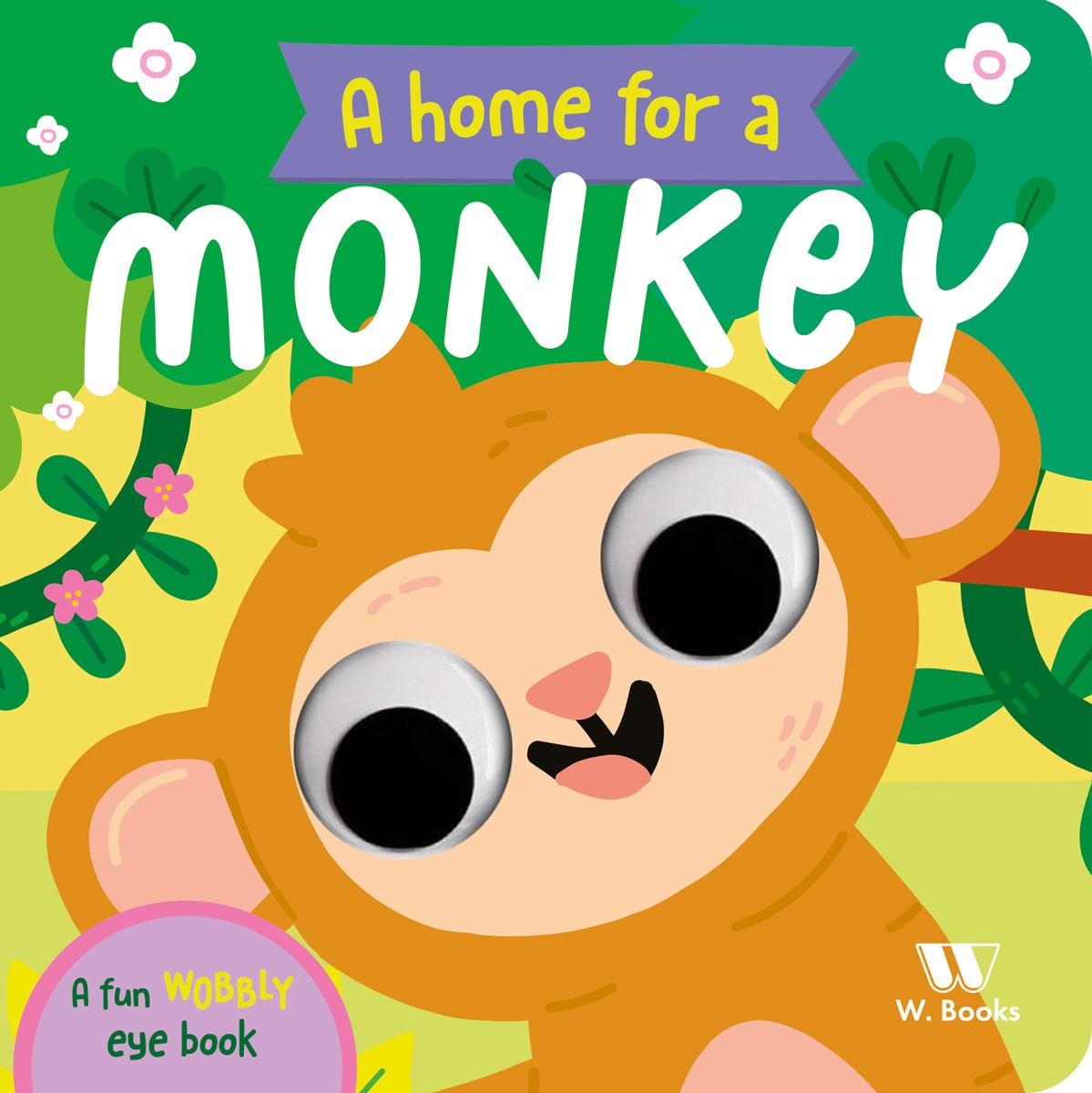 Livro infantil A Home For a Monkey, capa verde com macaco de olhos grandes e balançantes — Plenitude